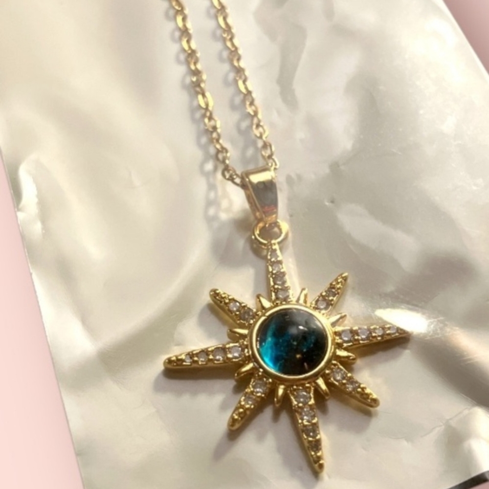 New Gold and Blue Starburst Pendant Necklace Stainless Steel